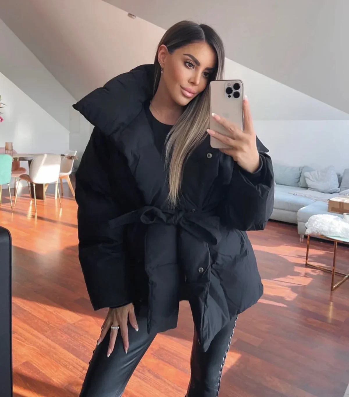 Women's Puffer Jacket - Quilted - Oversized Fit - With Waist Belt - High Collar 2