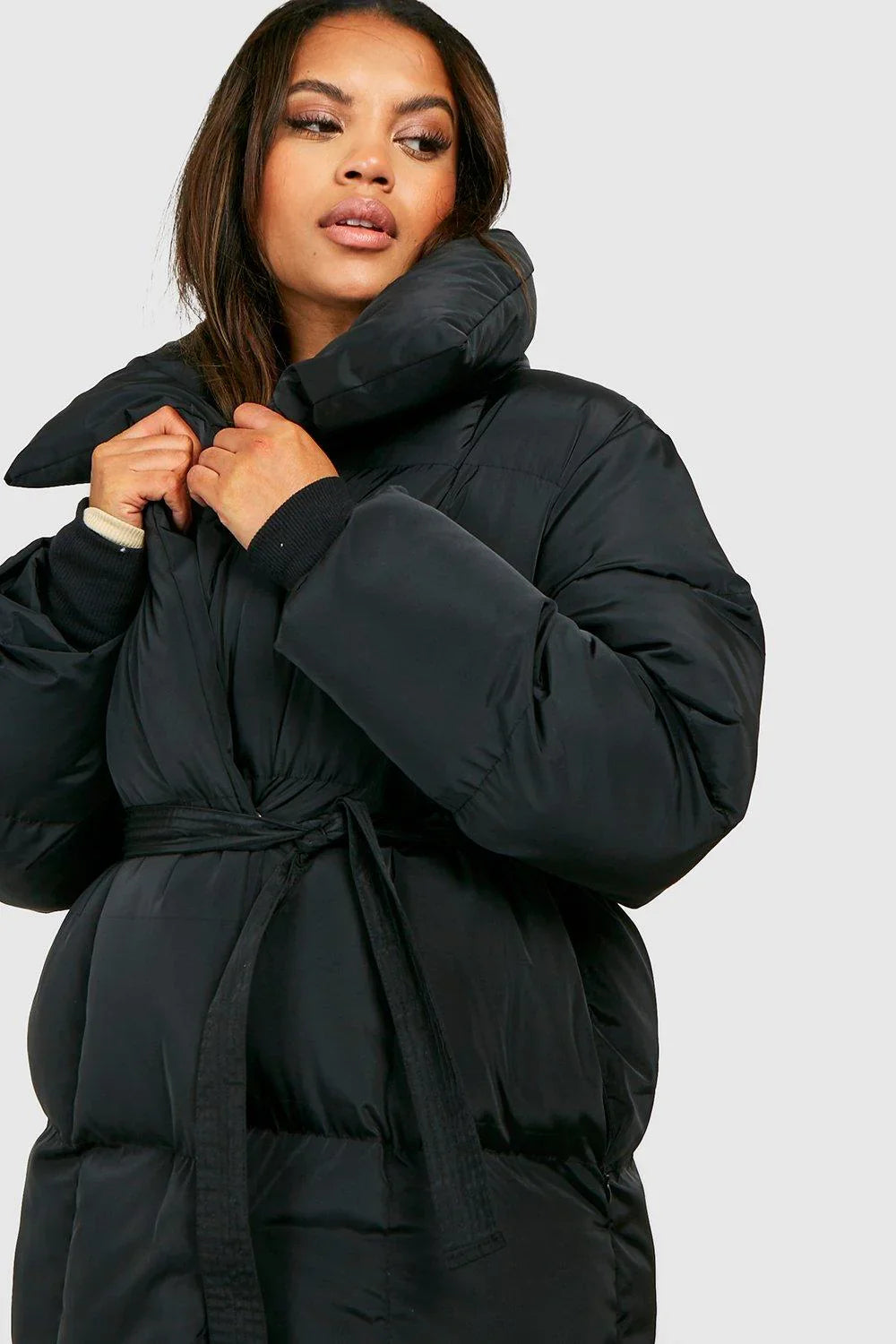 Women's Puffer Jacket - Quilted - Oversized Fit - With Waist Belt - High Collar 3