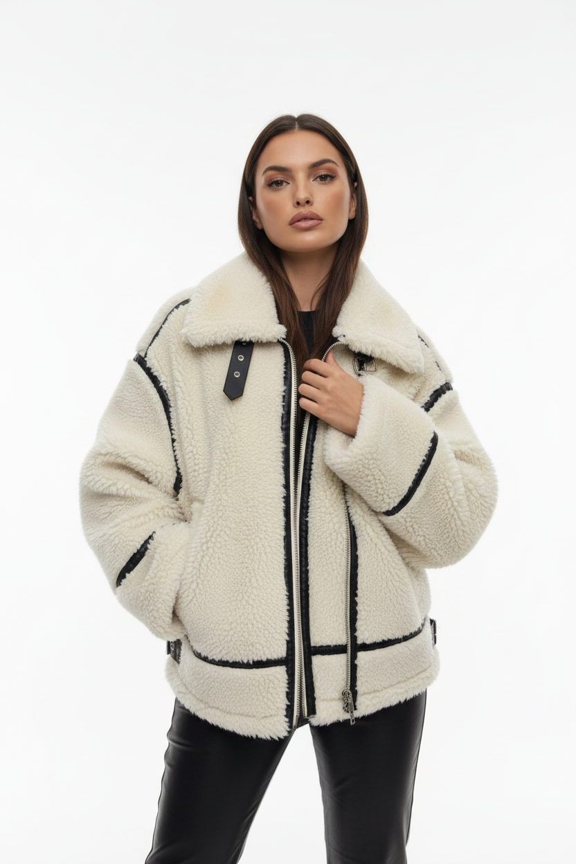Ladies Oversized Faux Shearling Jacket | Plush Zip-Up Aviator